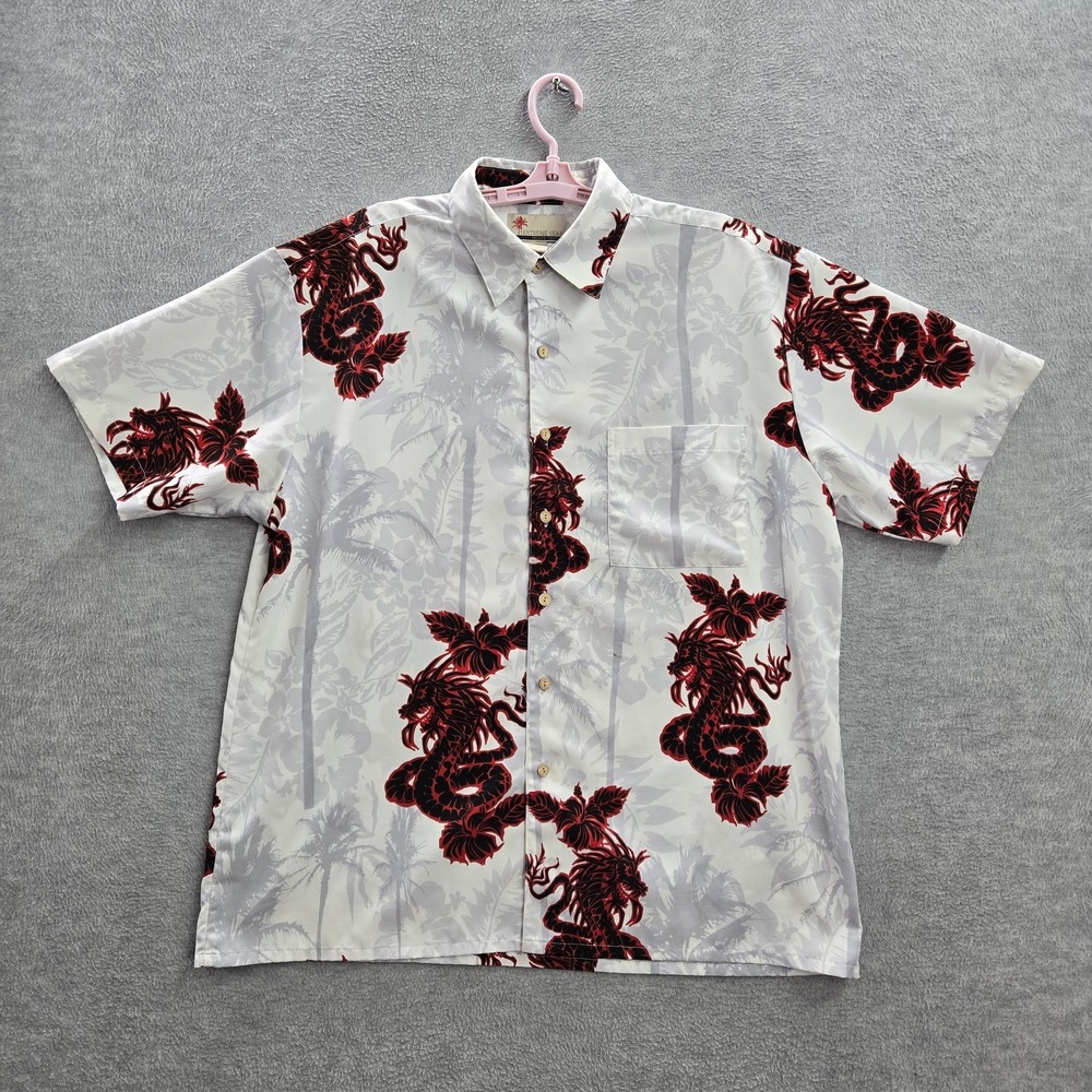 Extreme Gear Men Shirt L Gray Floral Y2K Dragon Hawaiian Short Sleeve READ